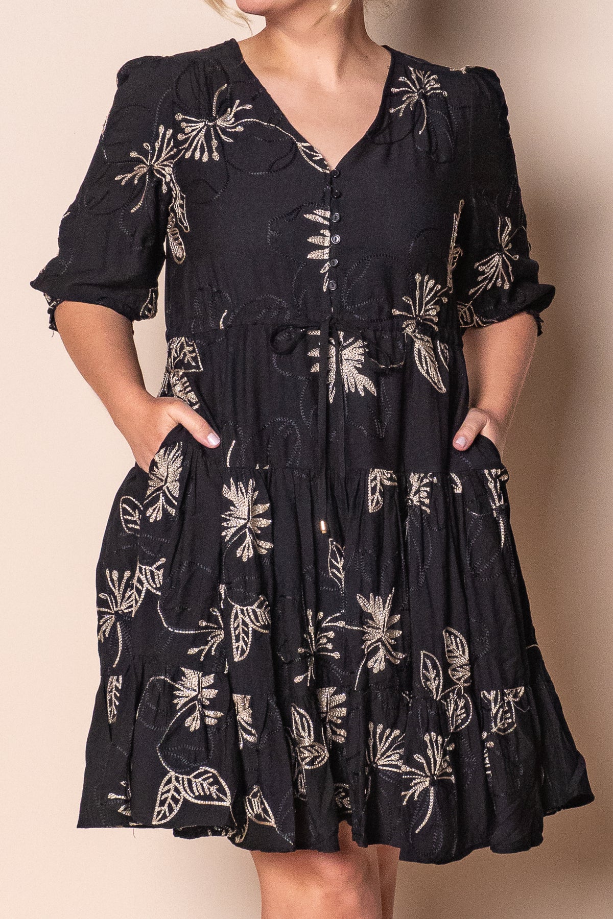 Prue Floral Embroidery Dress in Black