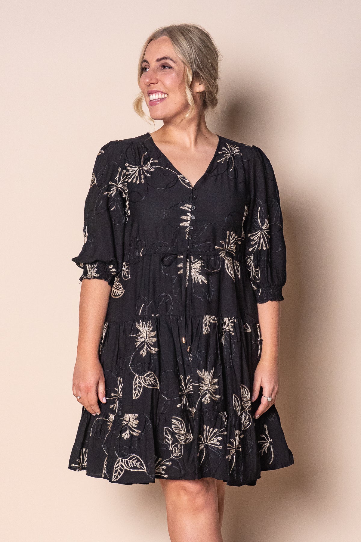 Prue Floral Embroidery Dress in Black