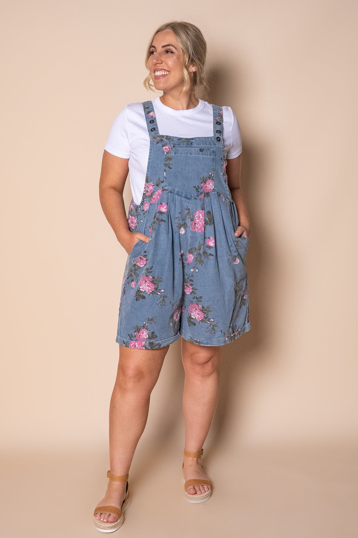 Forielli Floral Denim Shortalls in Mid Blue