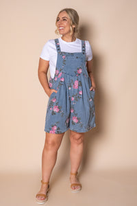 Forielli Floral Denim Shortalls in Mid Blue
