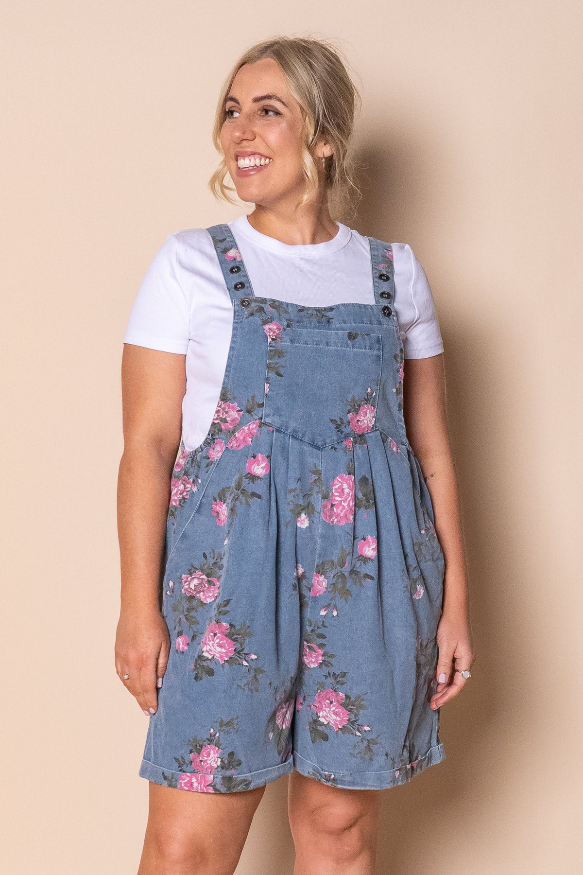 Forielli Floral Denim Shortalls in Mid Blue
