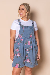 Forielli Floral Denim Shortalls in Mid Blue