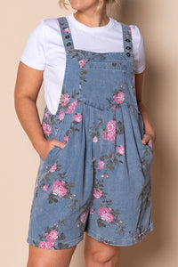 Forielli Floral Denim Shortalls in Mid Blue
