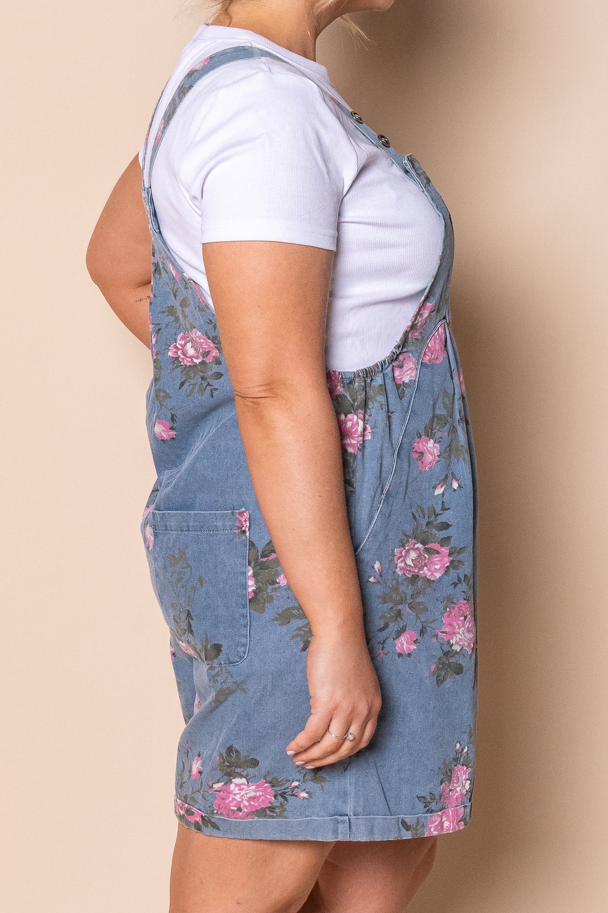 Forielli Floral Denim Shortalls in Mid Blue