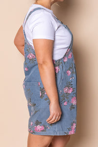 Forielli Floral Denim Shortalls in Mid Blue