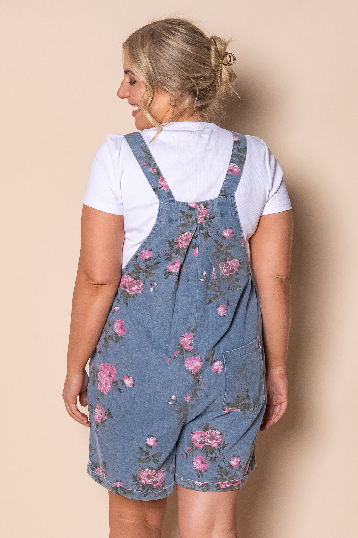 Forielli Floral Denim Shortalls in Mid Blue