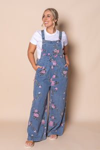Tonya Floral Denim Overalls in Mid Blue