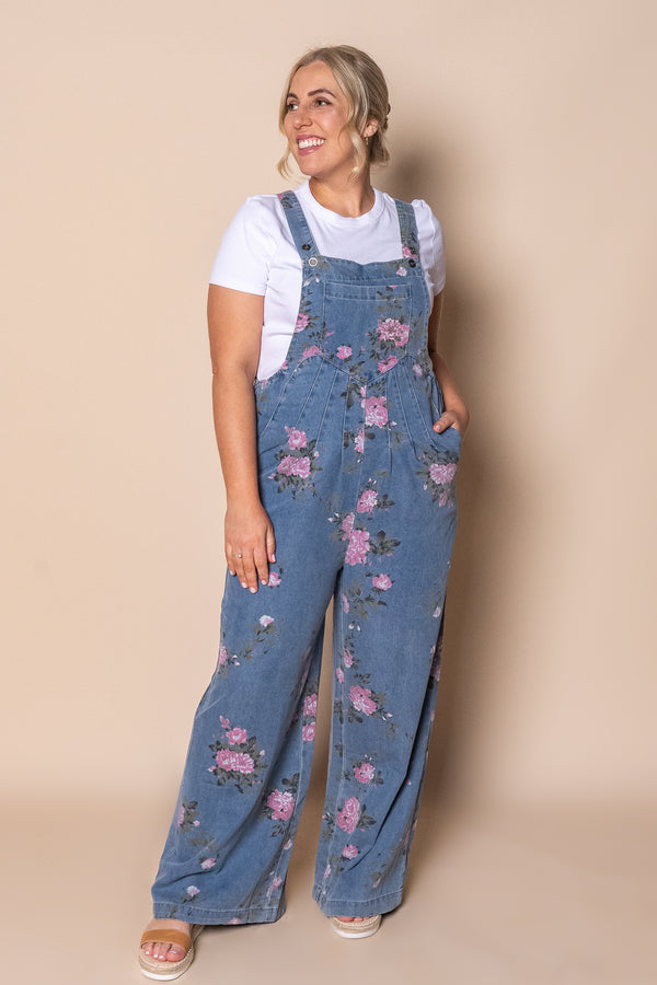 Tonya Floral Denim Overalls in Mid Blue