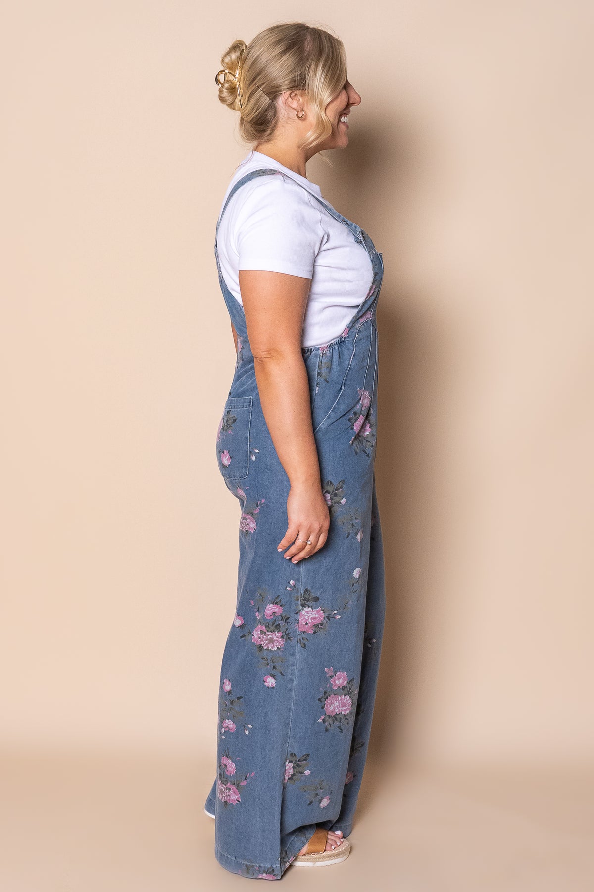 Tonya Floral Denim Overalls in Mid Blue