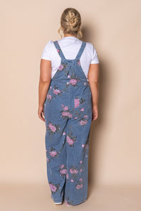 Tonya Floral Denim Overalls in Mid Blue
