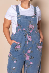 Tonya Floral Denim Overalls in Mid Blue
