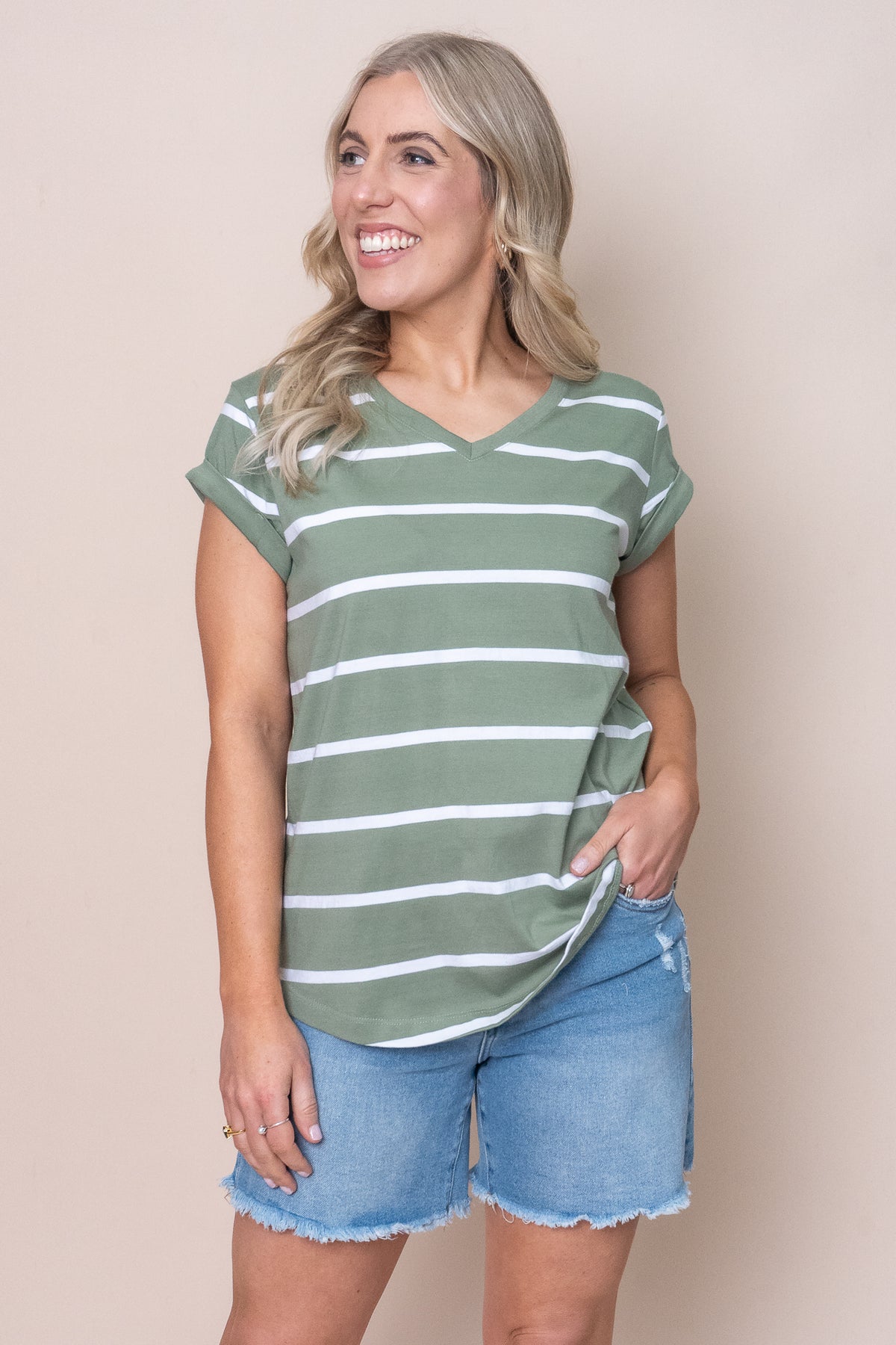 Manly Stripe Vee Tee in Sage - Foxwood