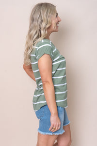 Manly Stripe Vee Tee in Sage - Foxwood