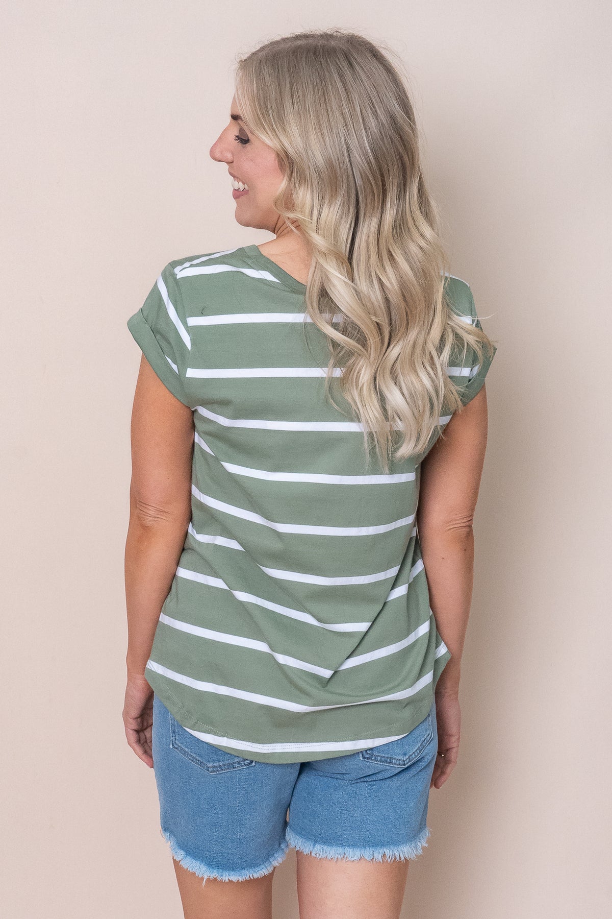 Manly Stripe Vee Tee in Sage - Foxwood