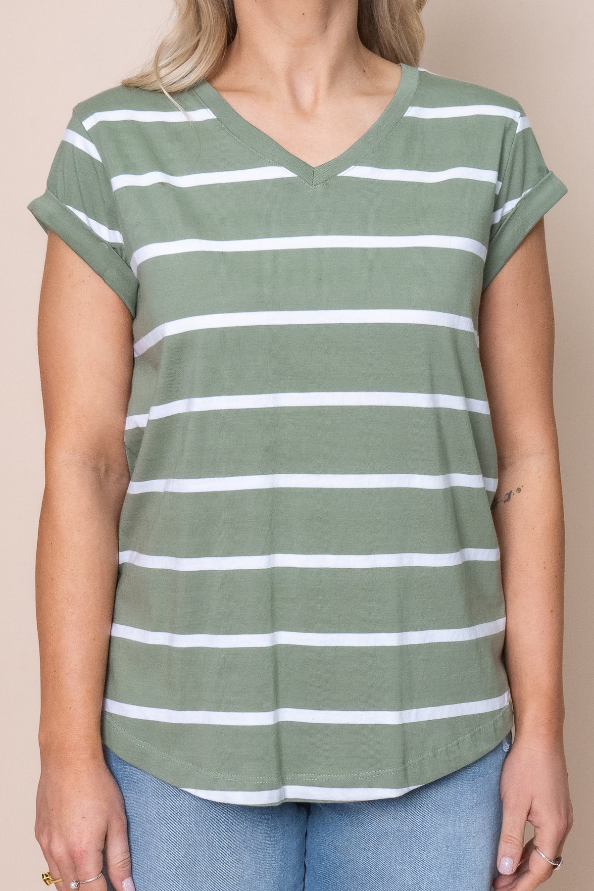 Manly Stripe Vee Tee in Sage - Foxwood