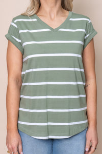 Manly Stripe Vee Tee in Sage - Foxwood