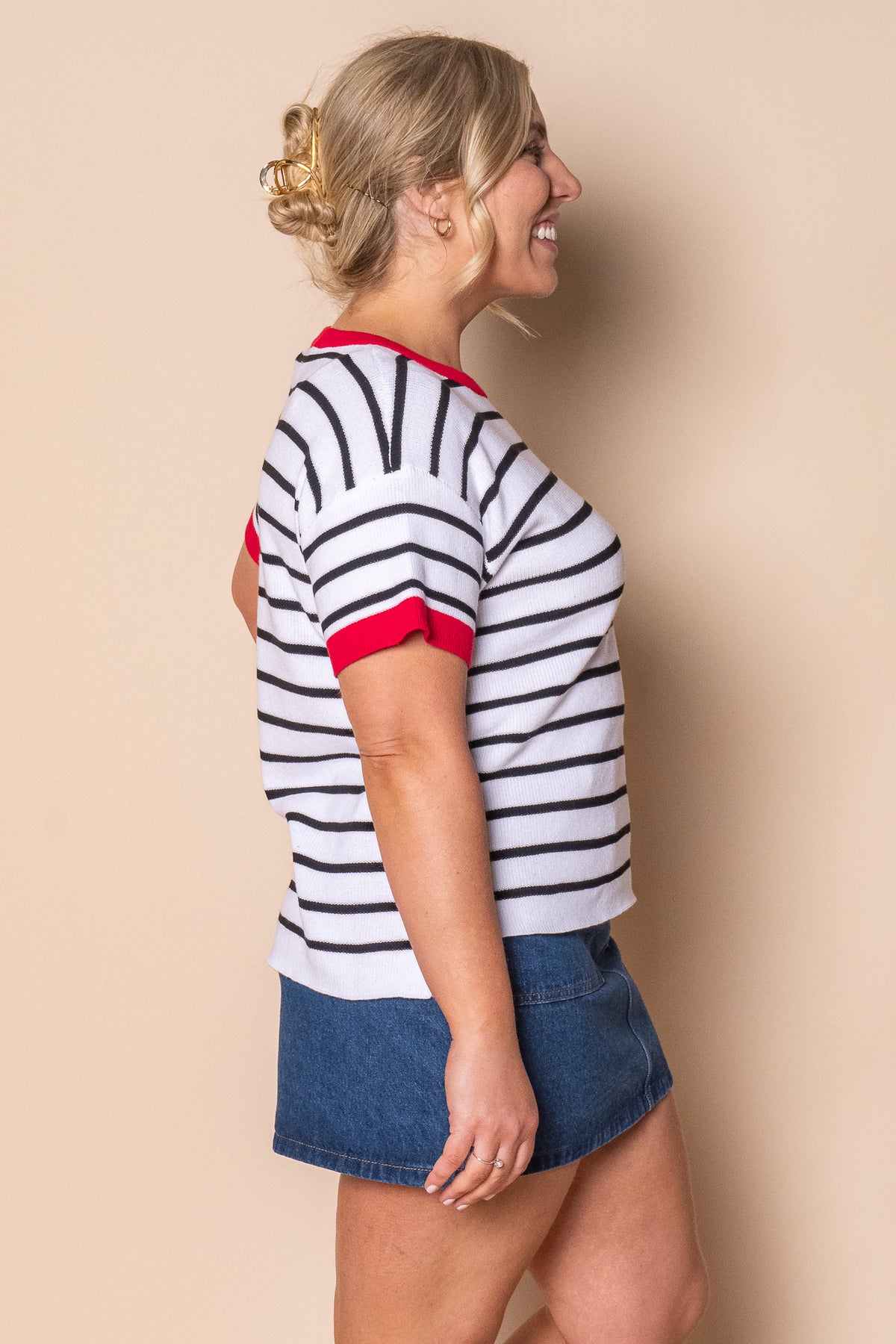 Danny S/S Striped Knit Top in White