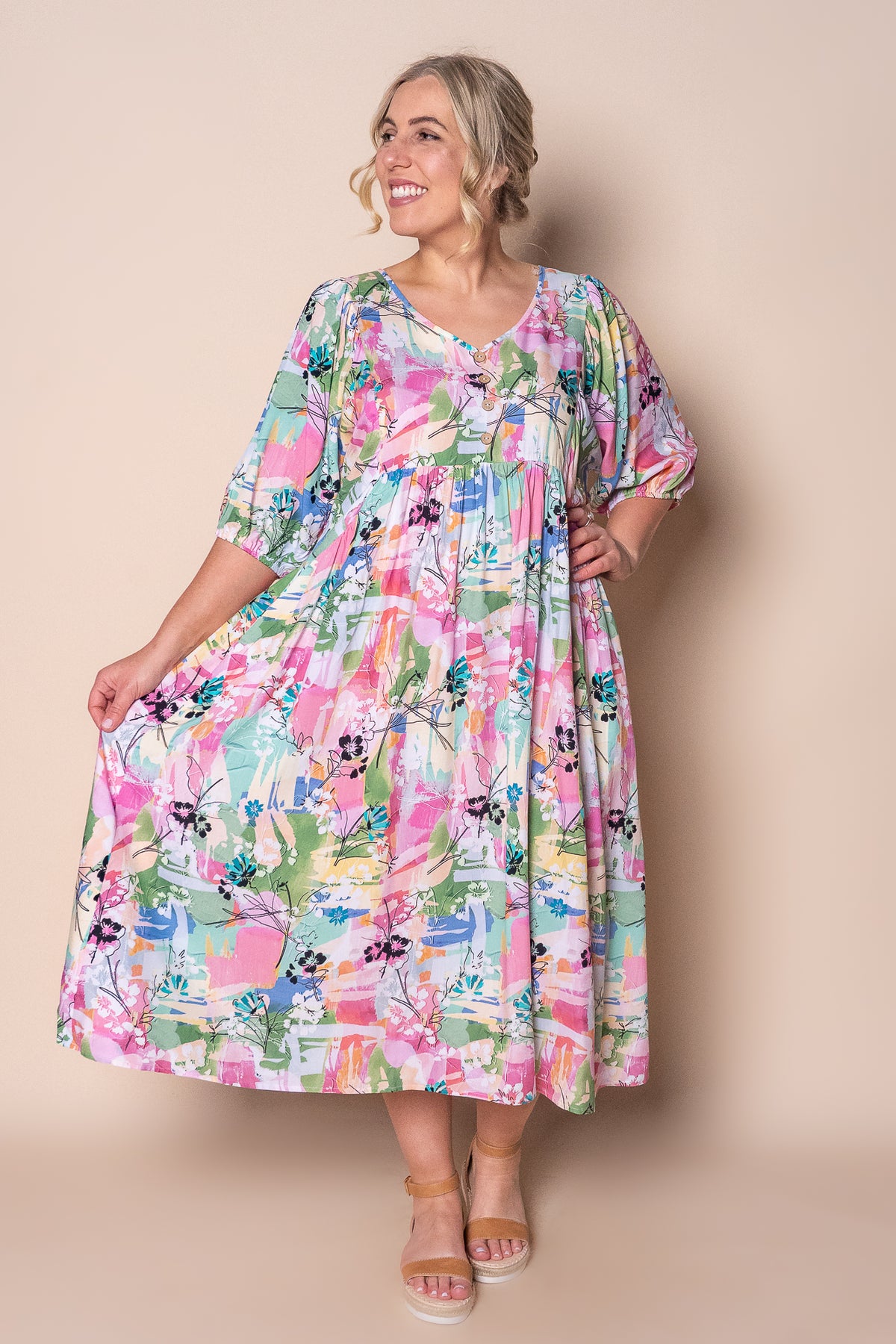 Linda Midi Dress in Pink Multi