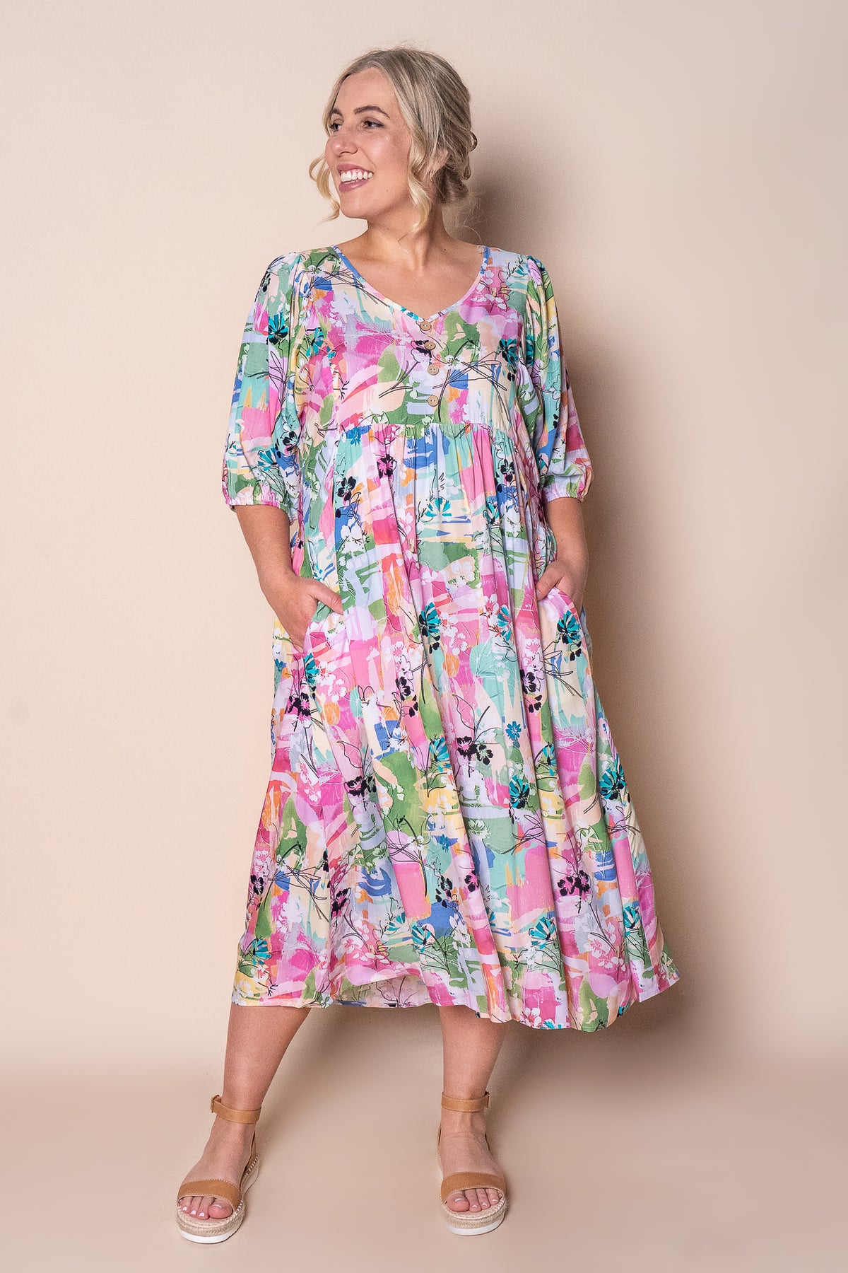 Linda Midi Dress in Pink Multi
