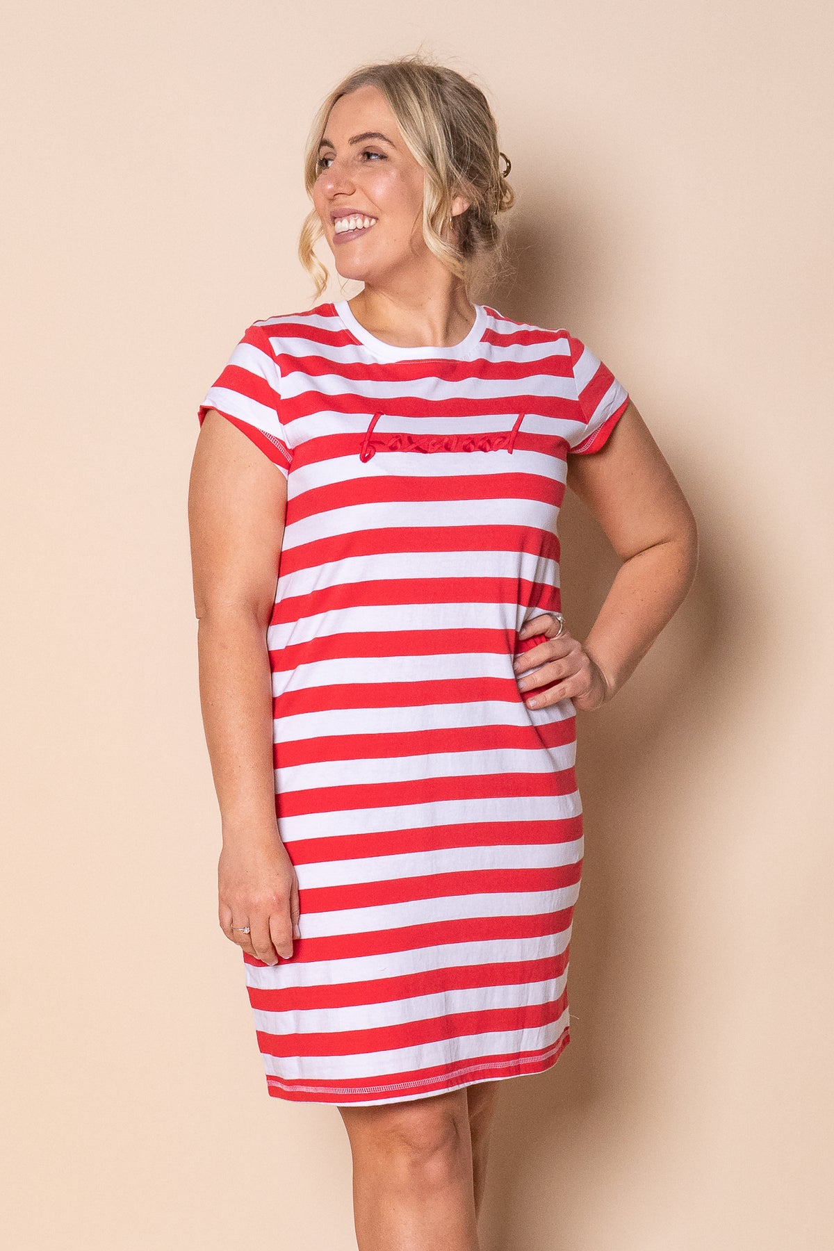 Signature Stripe Tee Dress in Cayenne & White Stripe - Foxwood