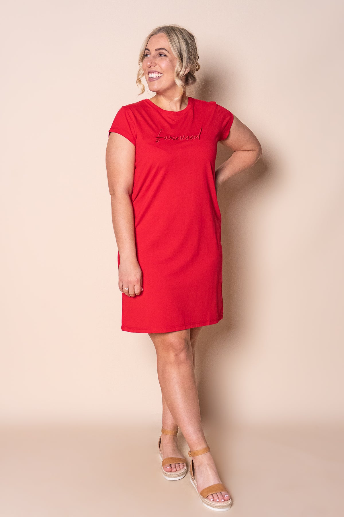 Signature Embroidery Tee Dress in Crimson - Foxwood