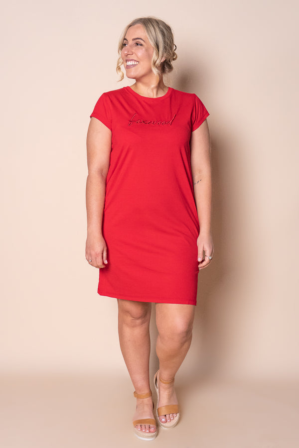 Signature Embroidery Tee Dress in Crimson - Foxwood