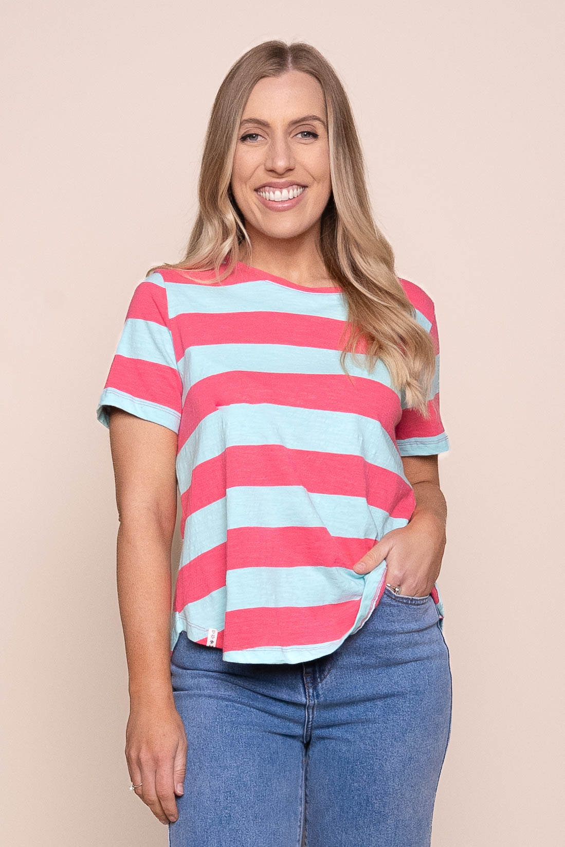Spritz Stripe S/S Tee in Turquoise Blue/Pink Lemonade - Elm