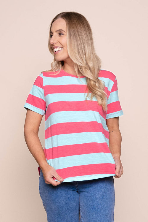 Spritz Stripe S/S Tee in Turquoise Blue/Pink Lemonade - Elm