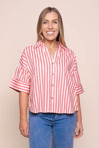 Striped Holiday Shirt in Pink Lemonade/White - Elm