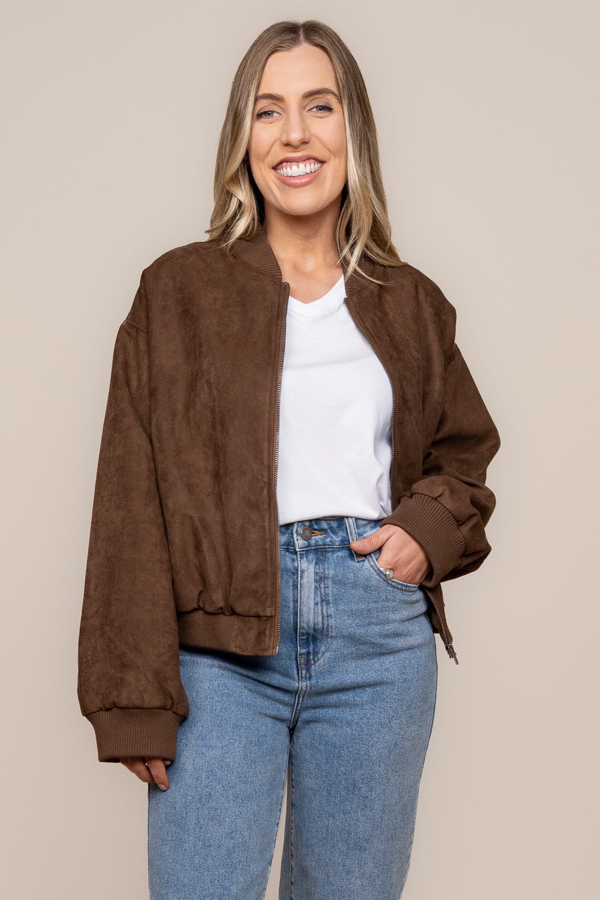 Evie Suede Bomber in Chocolate - Foxwood