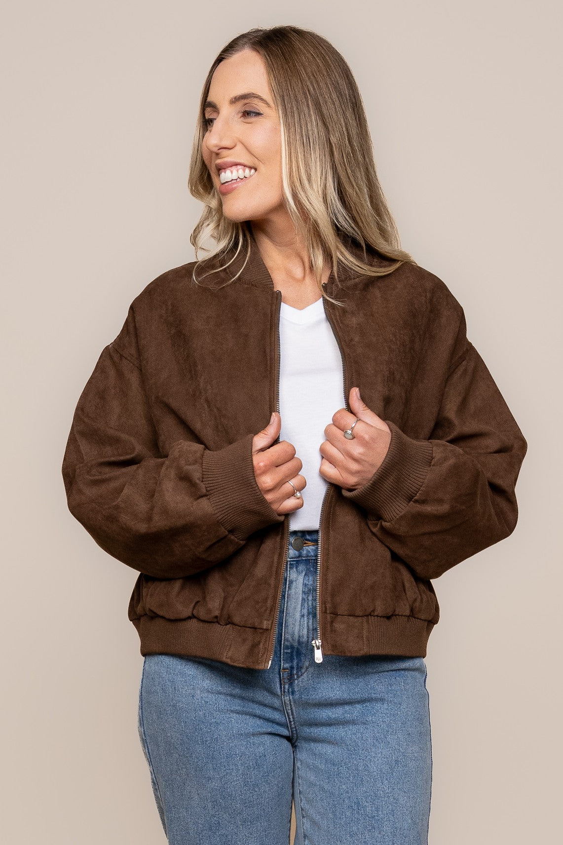 Evie Suede Bomber in Chocolate - Foxwood