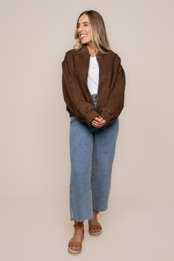 Evie Suede Bomber in Chocolate - Foxwood