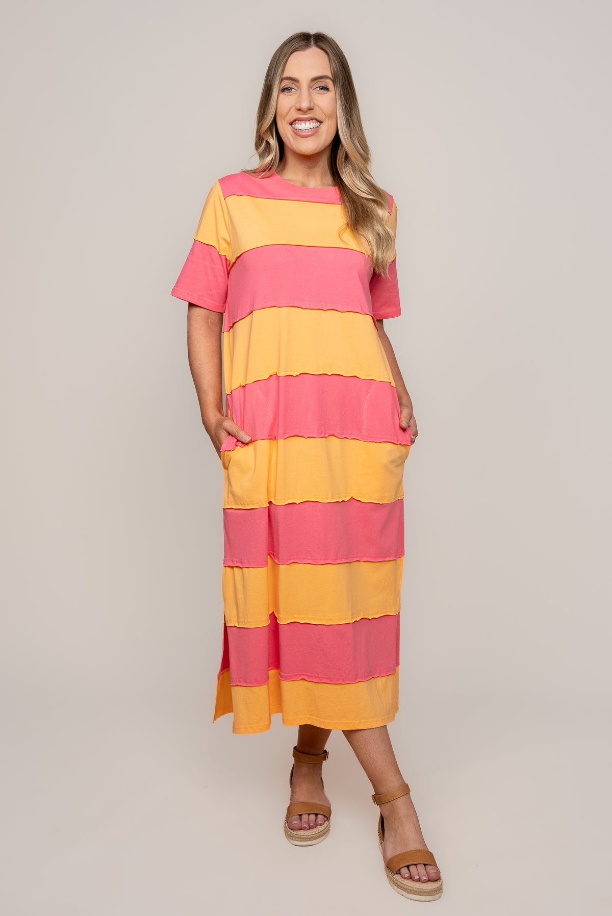 Bold Stripe Dress in Pink Lemonade/Peach - Elm