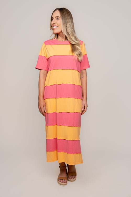 Bold Stripe Dress in Pink Lemonade/Peach - Elm