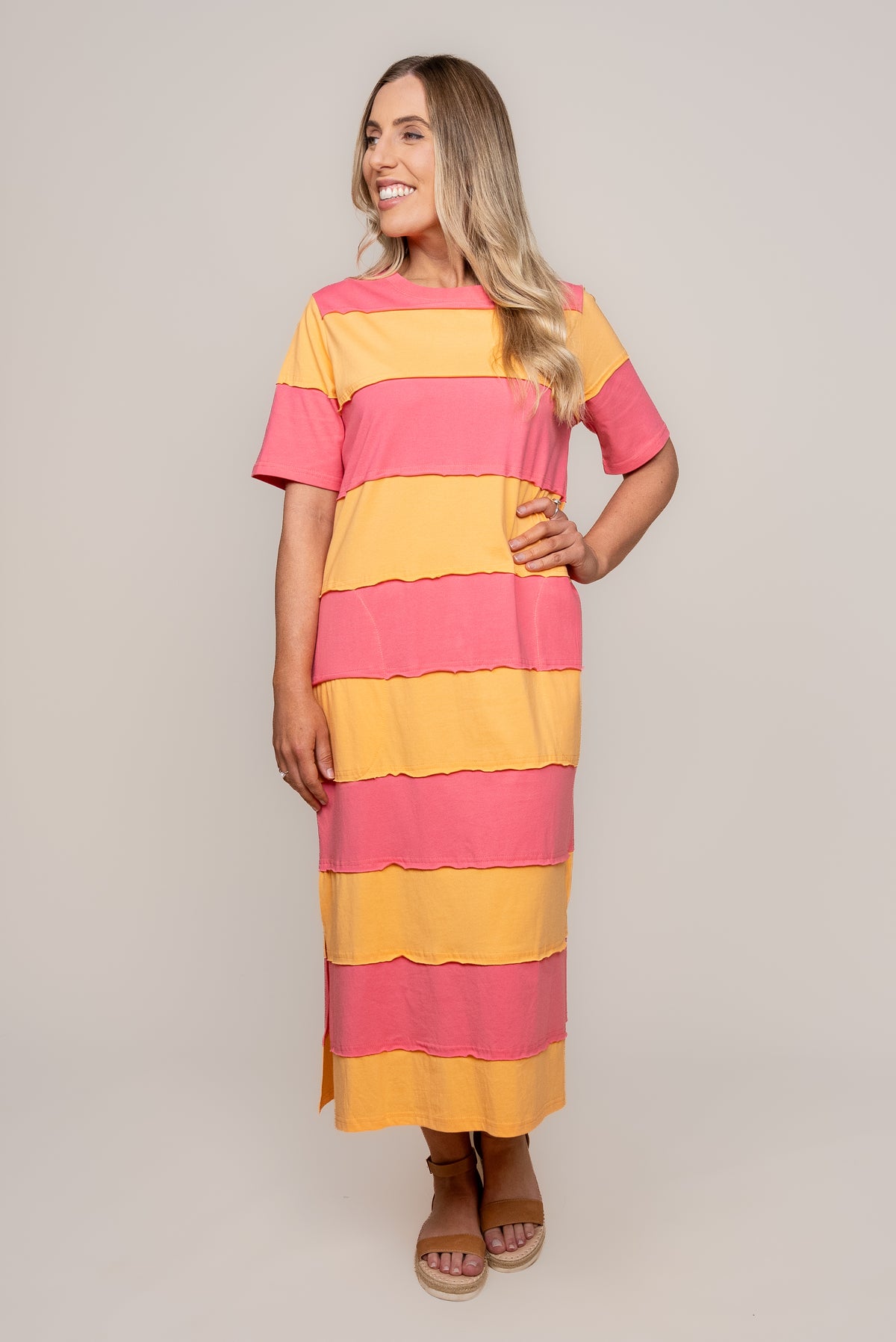 Bold Stripe Dress in Pink Lemonade/Peach - Elm