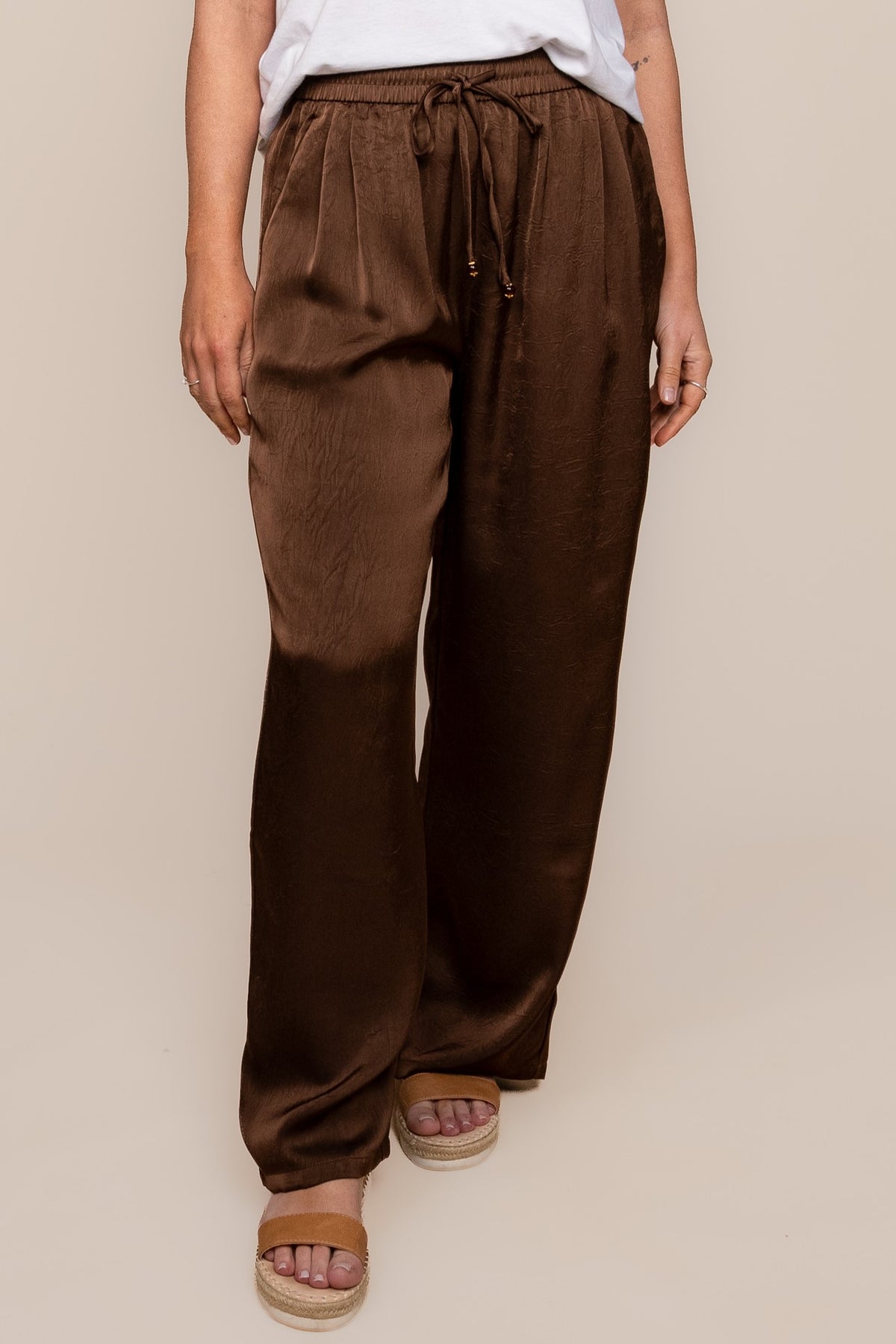 Isla Creased Satin Pants in Chocolate