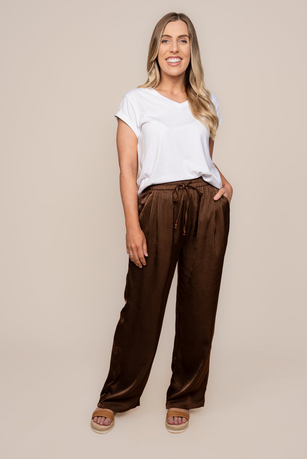 Isla Creased Satin Pants in Chocolate
