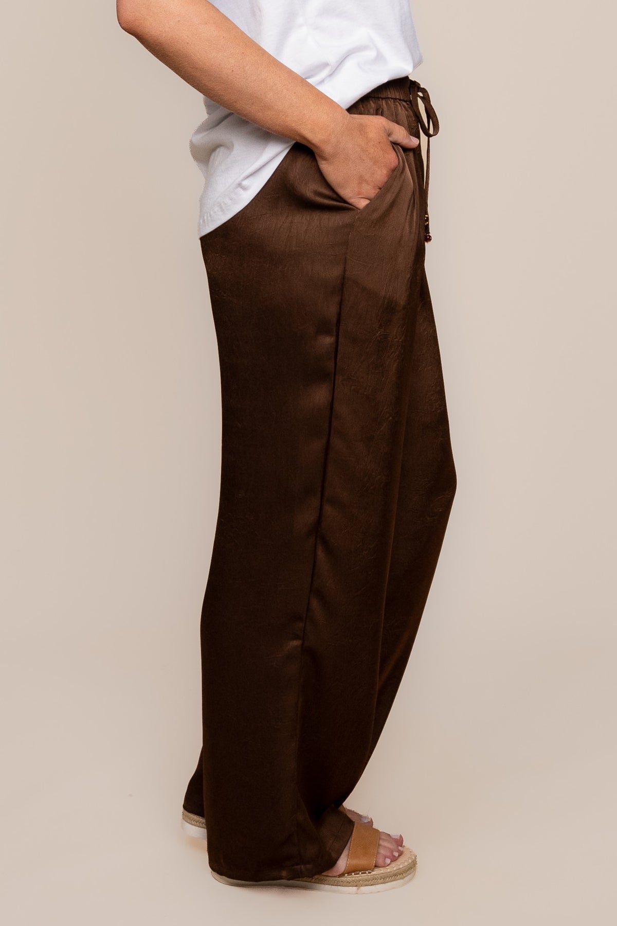 Isla Creased Satin Pants in Chocolate