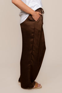 Isla Creased Satin Pants in Chocolate