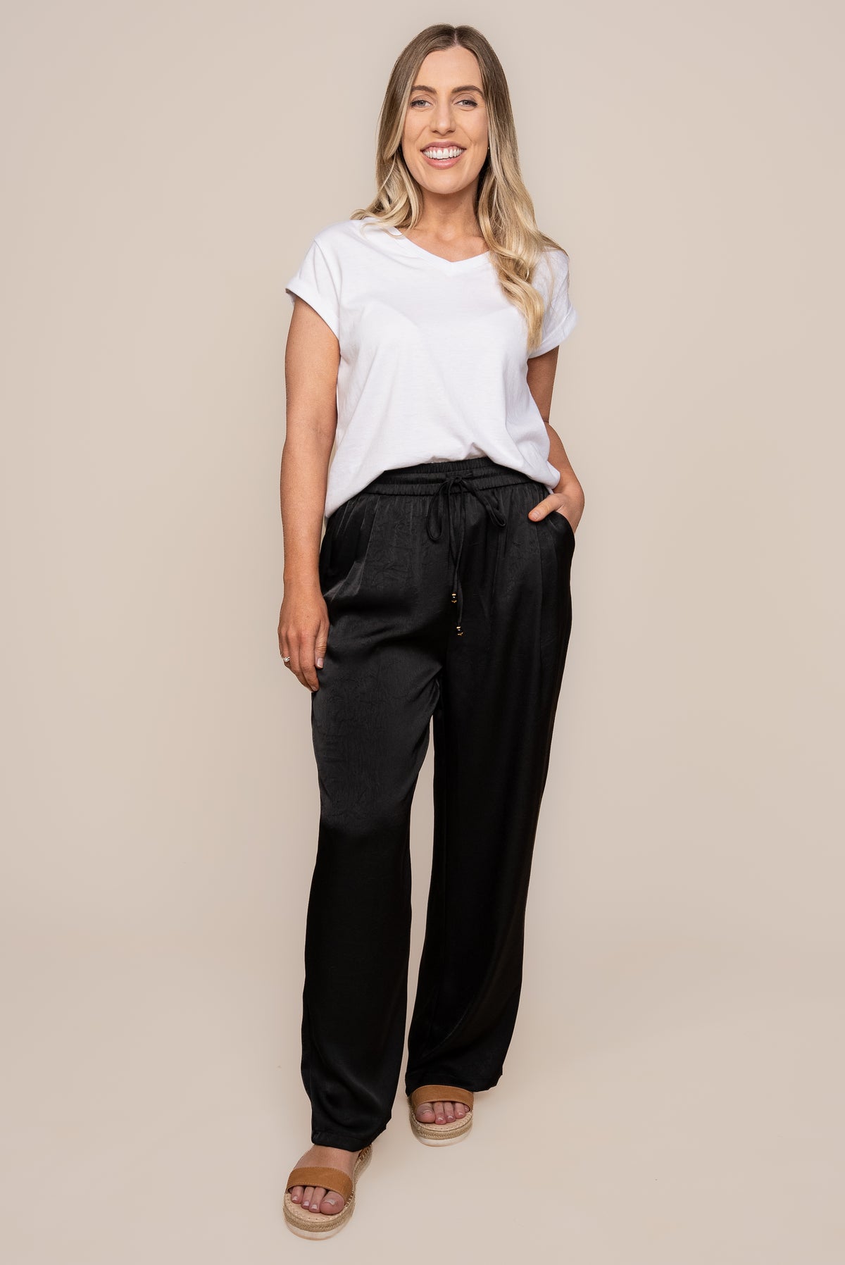 Isla Creased Satin Pants in Black
