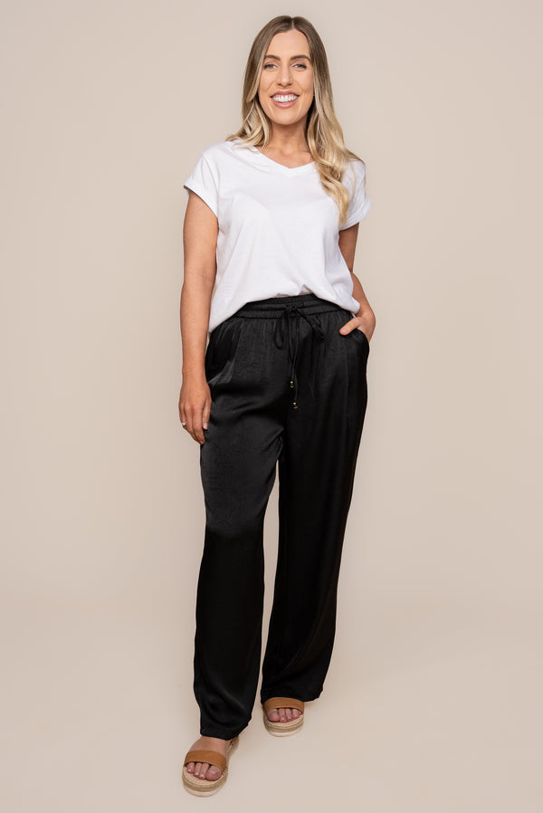 Isla Creased Satin Pants in Black