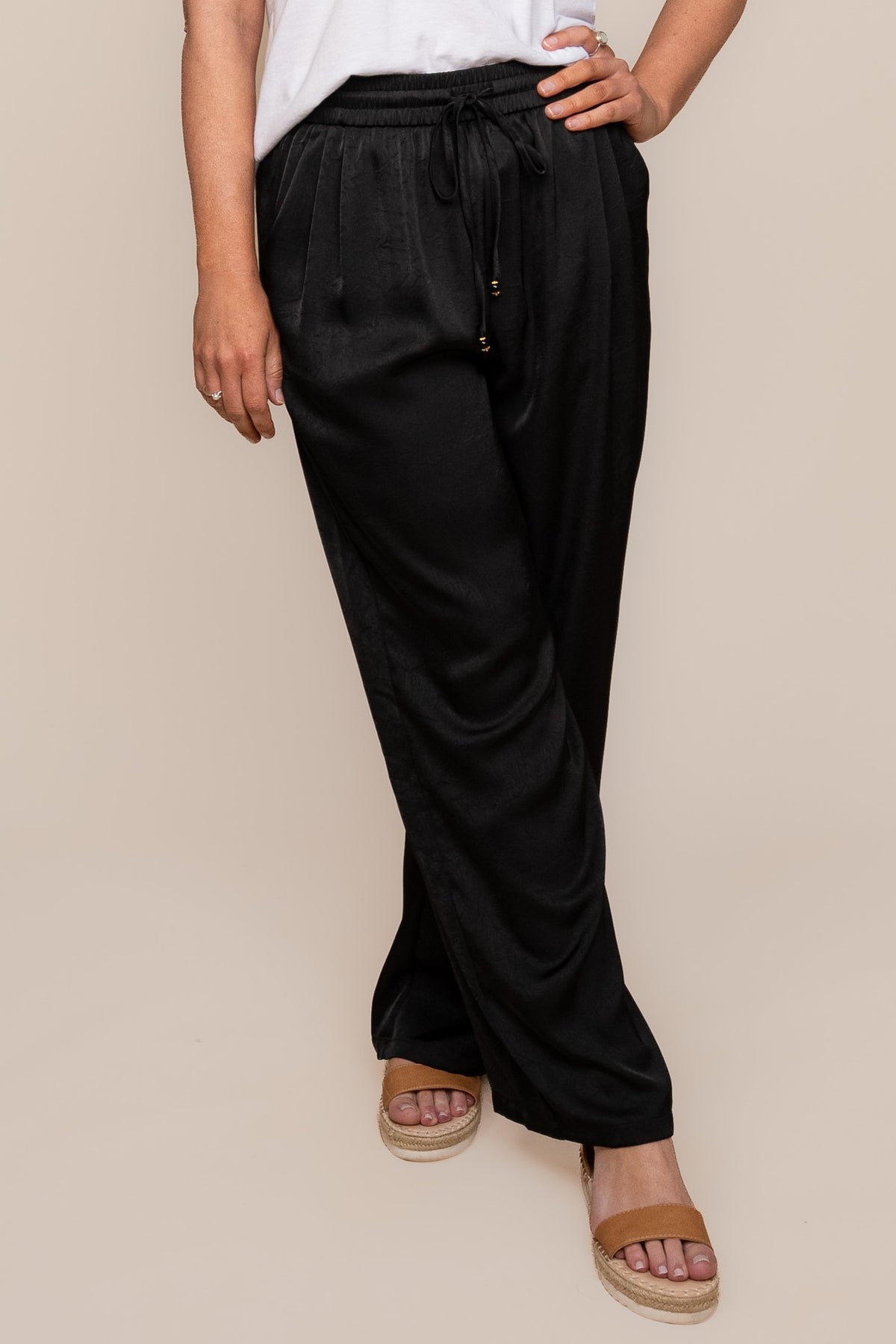 Isla Creased Satin Pants in Black