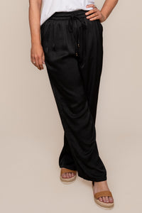 Isla Creased Satin Pants in Black