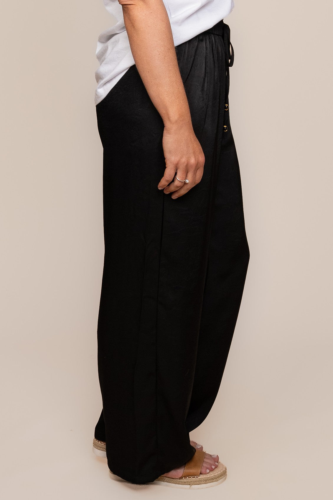 Isla Creased Satin Pants in Black