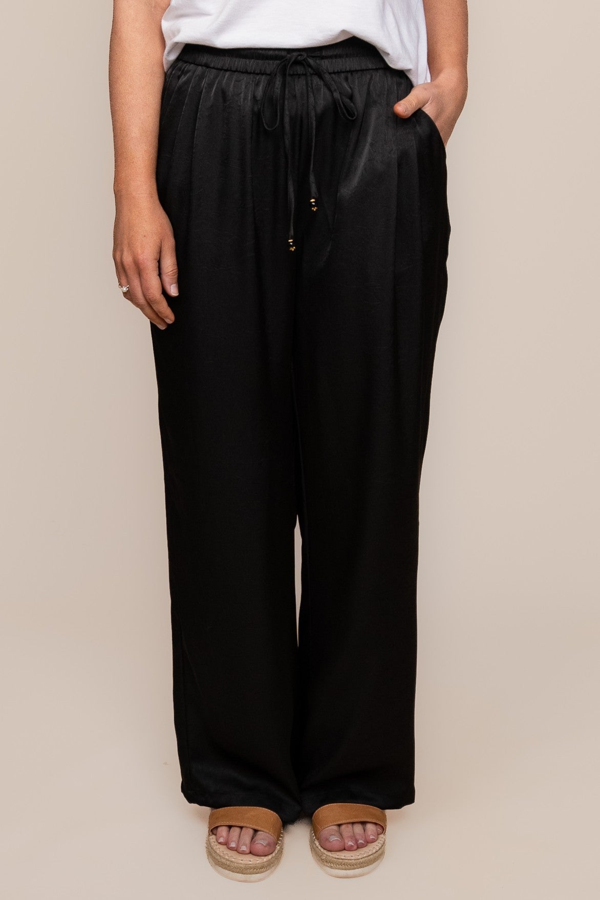 Isla Creased Satin Pants in Black