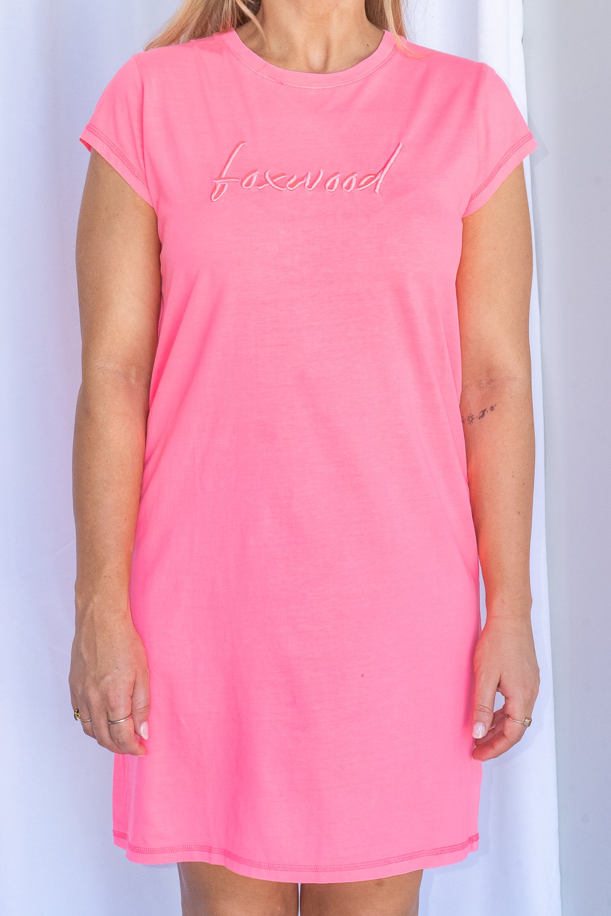 Signature Embroidery Tee Dress in Neon Rose - Foxwood