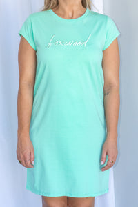 Signature Embroidery Tee Dress in Neon Mint - Foxwood