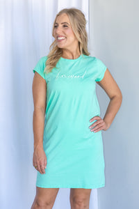 Signature Embroidery Tee Dress in Neon Mint - Foxwood