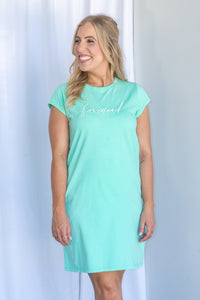 Signature Embroidery Tee Dress in Neon Mint - Foxwood