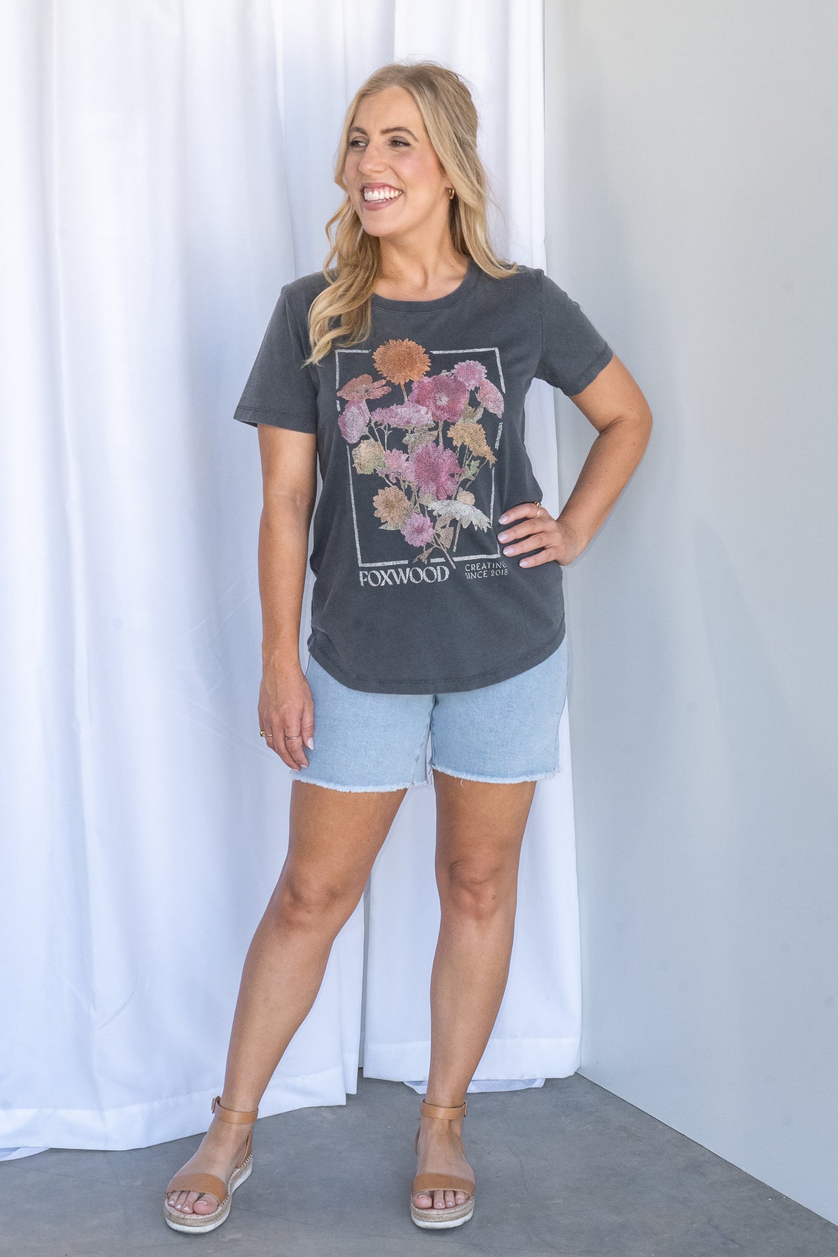 In Bloom Tee in Washed Black - Foxwood